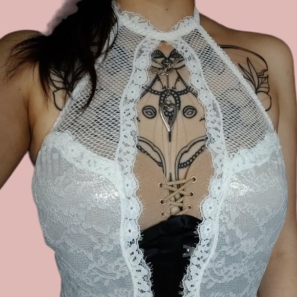 Victoria's Secret Lace & Mesh Plunge Halter Backless Bodysuit 🤍 - Picture 4 of 8